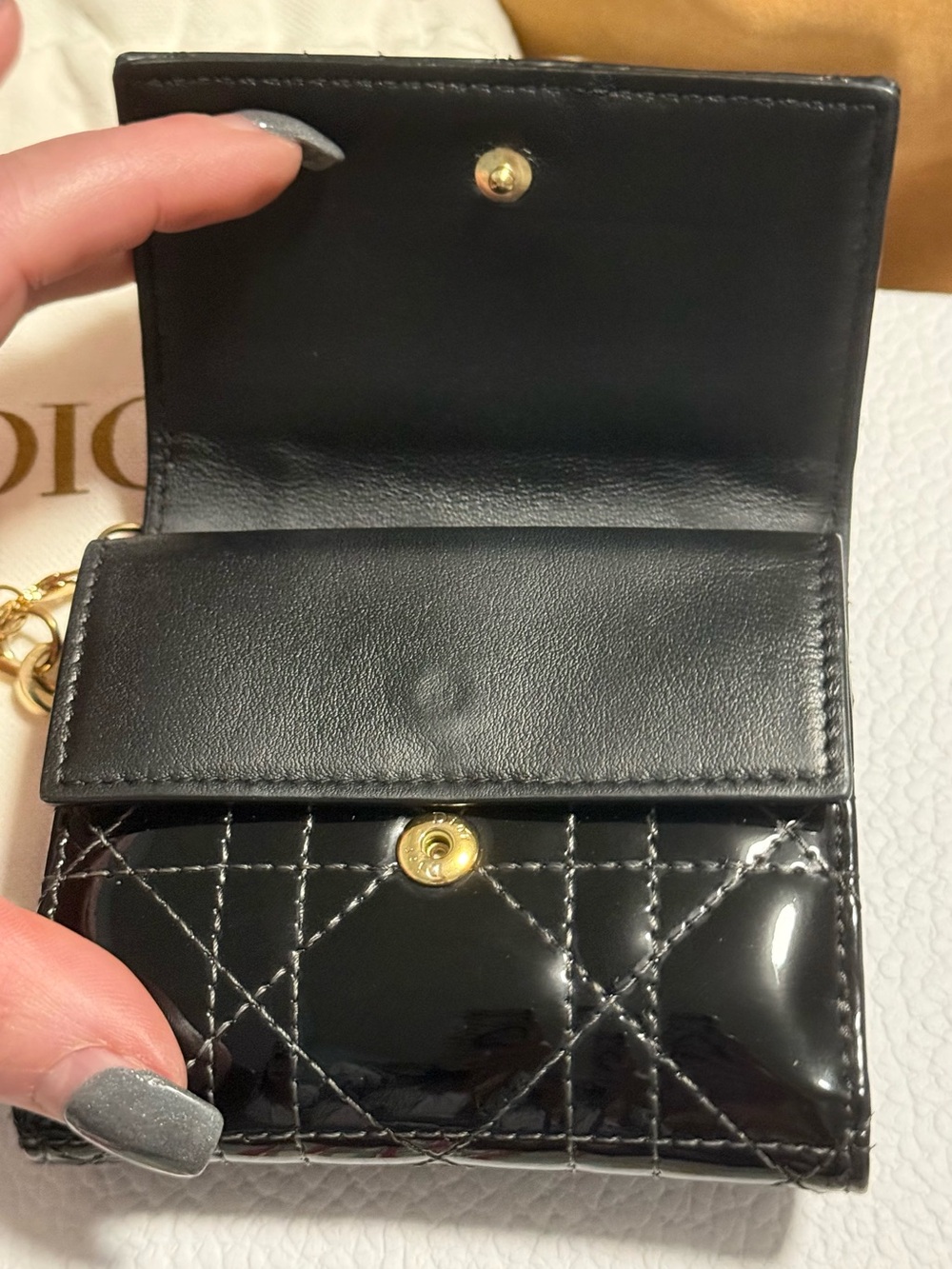 Dior Black Patent Quilted Trifold Wallet Gold tone Dior Charms! In Dustbag & COA - Picture 3 of 16